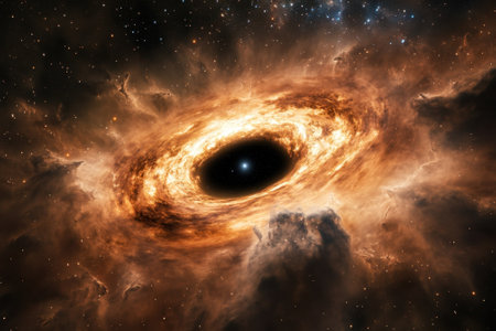 A vibrant cosmic whirlpool displays swirling gas and a bright core against a backdrop of stars and darkness.の写真素材