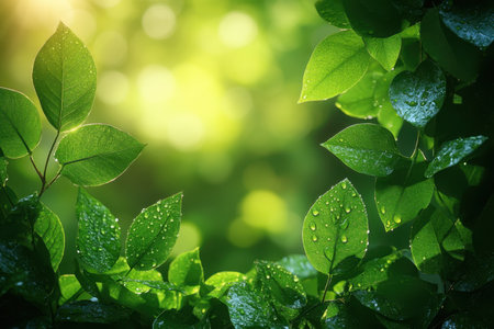 Dew-covered leaves shine brightly as sunlight filters through the trees in a tranquil forest setting.の写真素材