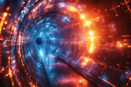 A bright tunnel illuminated by orange and blue lights, suggesting a futuristic and digital environment.の写真素材