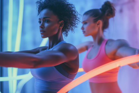 Two women practice strength exercises in a vibrant gym setting with neon lighting, focusing on their fitness goals.の写真素材
