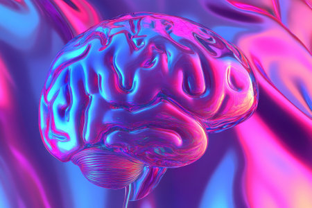 A vibrant 3D brain model floats against a dynamic, colorful background showing smooth, shiny textures.の写真素材