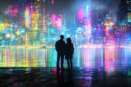 A couple stands by the water, admiring a colorful skyline filled with bright lights at night.の写真素材