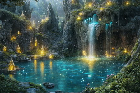 A serene waterfall cascades into a tranquil pool surrounded by glowing structures and lush greenery.の写真素材