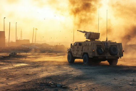 A military vehicle moves through a dusty landscape, silhouetted by a vibrant sunset in a conflict area.の写真素材