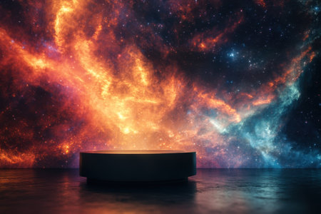 A dark circular platform stands illuminated against a vibrant cosmic backdrop of swirling colors and stars.の写真素材