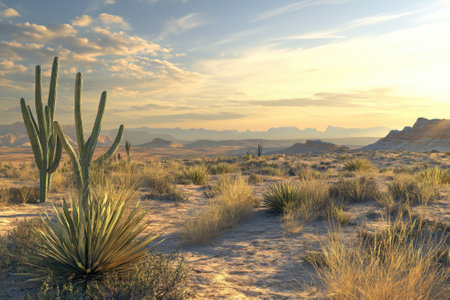 Vibrant desert scene captures tall cacti and lush vegetation under a colorful sunset sky.の写真素材