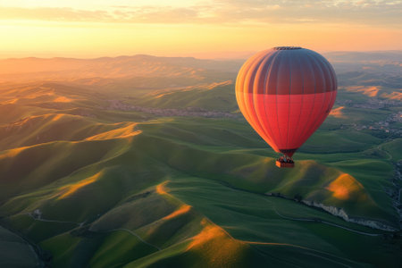 A hot air balloon floats gracefully above lush green hills, illuminated by the warm glow of sunset.の写真素材