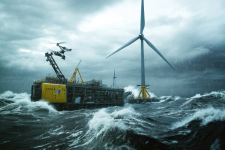 Strong waves crash against an offshore platform as drones monitor wind turbines during a storm.の写真素材