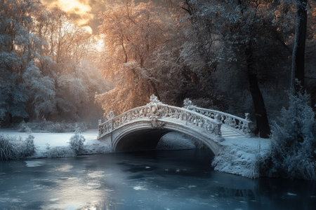 A beautiful winter morning features a stone bridge arching over a frozen river with snow-covered trees.の写真素材
