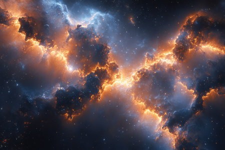 Colorful celestial clouds blend orange and blue, revealing the beauty of the universe in deep space.の写真素材