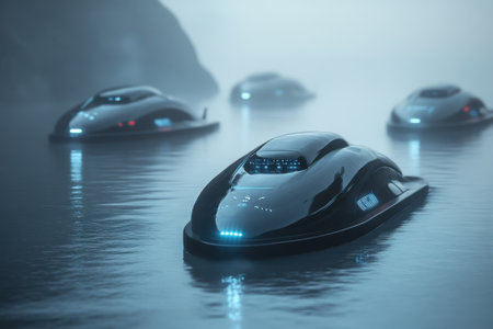Slim, sleek ships navigate through foggy waters, creating a serene yet mysterious atmosphere at twilight.の写真素材