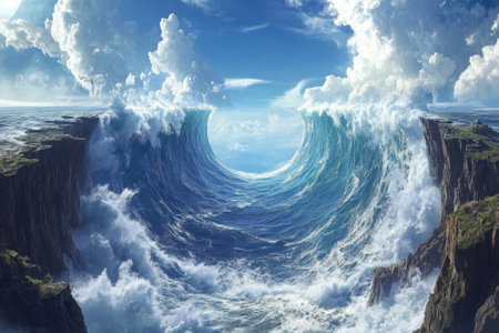 Waves rise powerfully, creating a stunning visual effect against cliffs with a bright blue sky above.の写真素材