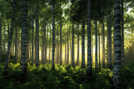 Sunlight streams through a grove of tall birch trees, illuminating the lush greenery below in a peaceful forest.の写真素材