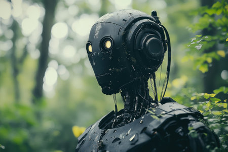 A humanoid robot with a metallic finish stands surrounded by vibrant green foliage under a gentle rain.の写真素材