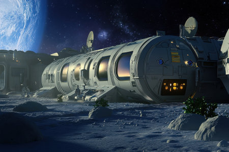 A futuristic lunar habitat is shown on the moon's surface, with Earth rising in the background during twilight.の写真素材