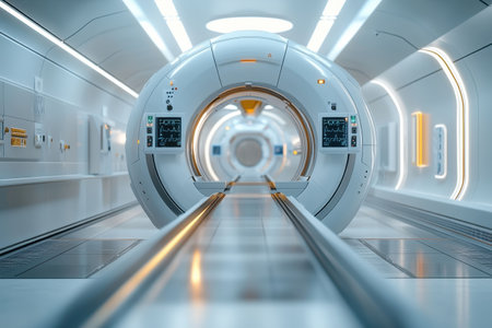A sleek and high-tech medical imaging machine stands ready in a bright hospital corridor.の写真素材
