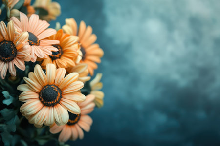 A bouquet of vibrant orange flowers stands out against a softly blurred blue background, highlighting their beauty.の写真素材