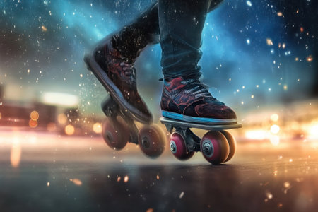 A skater glides smoothly on roller skates through a lively city at night, surrounded by colorful lights.の写真素材