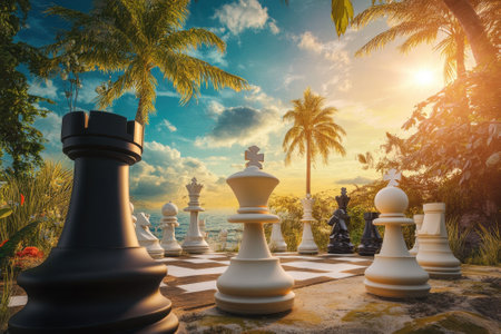 Large chess pieces on a beach board with palm trees and a vibrant sunset create a serene atmosphere.の写真素材