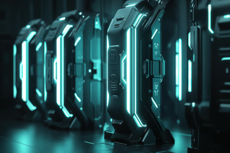Modern storage units are arranged in a row, glowing with blue light in a sleek, dark setting.の写真素材