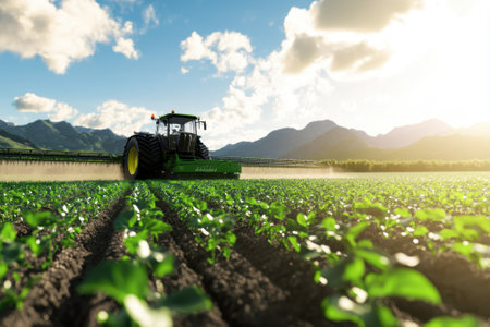 A tractor works tirelessly in a vibrant green field during sunset, with mountains providing a stunning backdrop.の写真素材