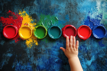 A small hand reaches out to touch vibrant paint containers arranged in a colorful line.の写真素材