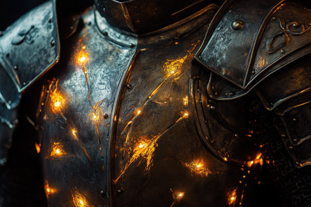 Detailed armor displays glowing patterns, highlighting skilled craftsmanship and intricate design elements.の写真素材