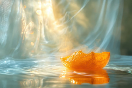 An orange citrus peel drifts on calm water, illuminated by warm, soft light for a tranquil effect.の写真素材