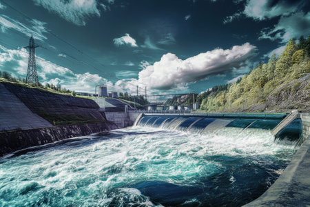 Strong currents cascade over the dam's spillway, set against a vibrant blue sky and verdant trees.の写真素材