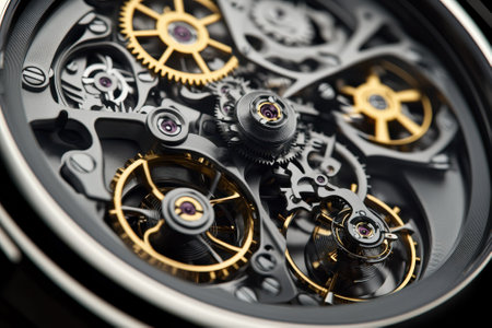 Close-up view of a mechanical watch mechanism reveals intricate gears and craftsmanship in fine detail.の写真素材
