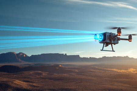 A drone hovers above a vast desert, projecting colorful laser beams against a breathtaking sunset backdrop.の写真素材