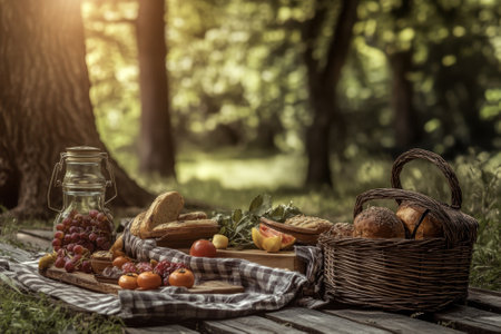 A relaxing outdoor picnic setting featuring an assortment of bread, fruits, and vegetables surrounded by nature.の写真素材