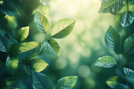 Delicate leaves catch gentle sunlight in a serene forest environment, creating a calm, peaceful atmosphere.の写真素材