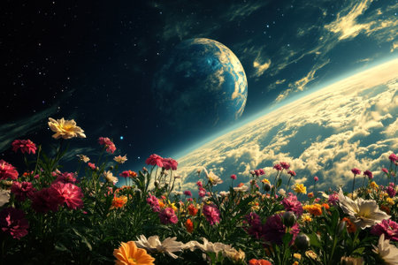 Vibrant flowers bloom on a distant planet with Earth floating majestically in space above them.の写真素材