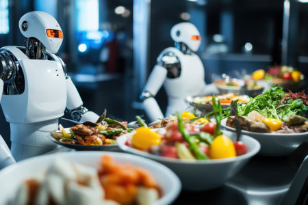 Advanced robots deliver colorful plates of food in a contemporary dining environment filled with fresh ingredients.の写真素材