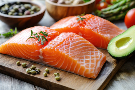 Fresh salmon fillets are displayed on a wooden cutting board surrounded by colorful vegetables and herbs.の写真素材