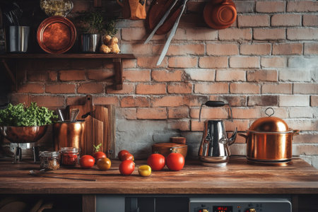 A well-organized kitchen displays copper pots, fresh tomatoes, and vibrant greens against a brick wall.の写真素材