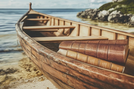 A wooden boat sits on the beach with vintage books placed on its side, overlooking a serene ocean under blue skies.の写真素材