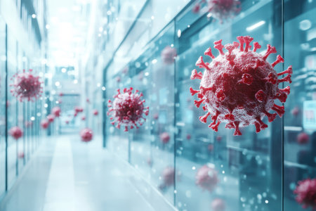 Models of the COVID-19 virus appear prominently in a contemporary indoor setting filled with glass.の写真素材