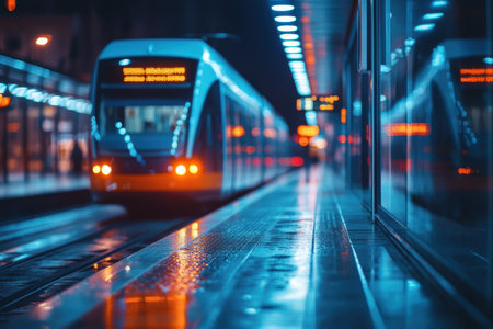 A train approaches a bustling station, illuminated by city lights on a rainy evening.の写真素材