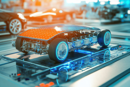 A sleek solar-powered car model is displayed at a modern technology exhibition, attracting many visitors.の写真素材