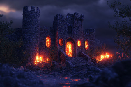 A stone castle with glowing windows and flames surrounding it creates an eerie atmosphere at night.の写真素材