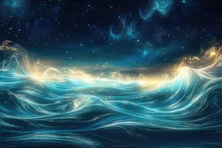 The scene showcases radiant waves shimmering beneath a star-filled sky, creating a serene atmosphere.の写真素材