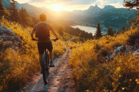A mountain biker rides down a scenic trail with golden sunlight illuminating the landscape and lake.の写真素材
