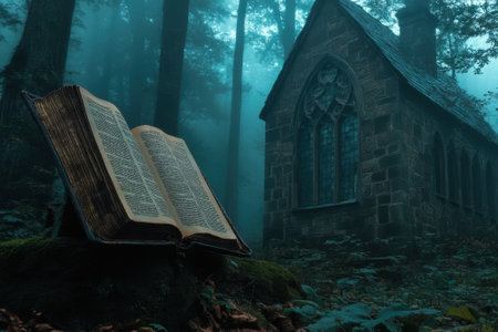 An ancient book rests on moss near a stone chapel surrounded by dense fog and towering trees.の写真素材