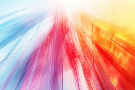 Bright, colorful light rays blend warm and cool tones, creating a captivating abstract visual effect.の写真素材