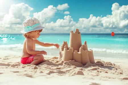 Young child in a hat constructs a detailed sandcastle on a sunny beach, enjoying a perfect day by the ocean.の写真素材