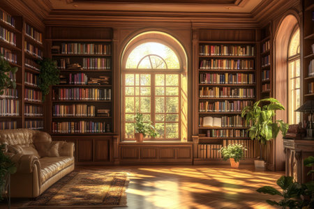 A warm library features wooden shelves filled with books and sunlight illuminating the room through large windows.の写真素材
