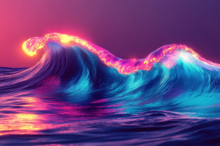 Waves crash energetically against the shore, illuminated by a breathtaking sunset display of colors.の写真素材