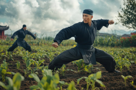 Two martial artists demonstrate their skills among vibrant green crops under a cloudy sky.の写真素材